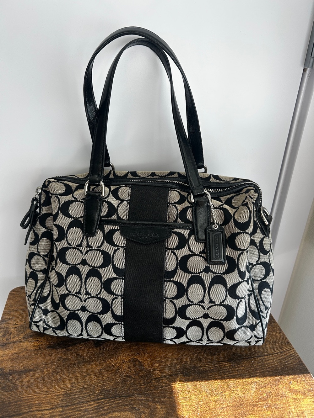 Coach Black and Tan Signature Jacquard Shoulder Bag